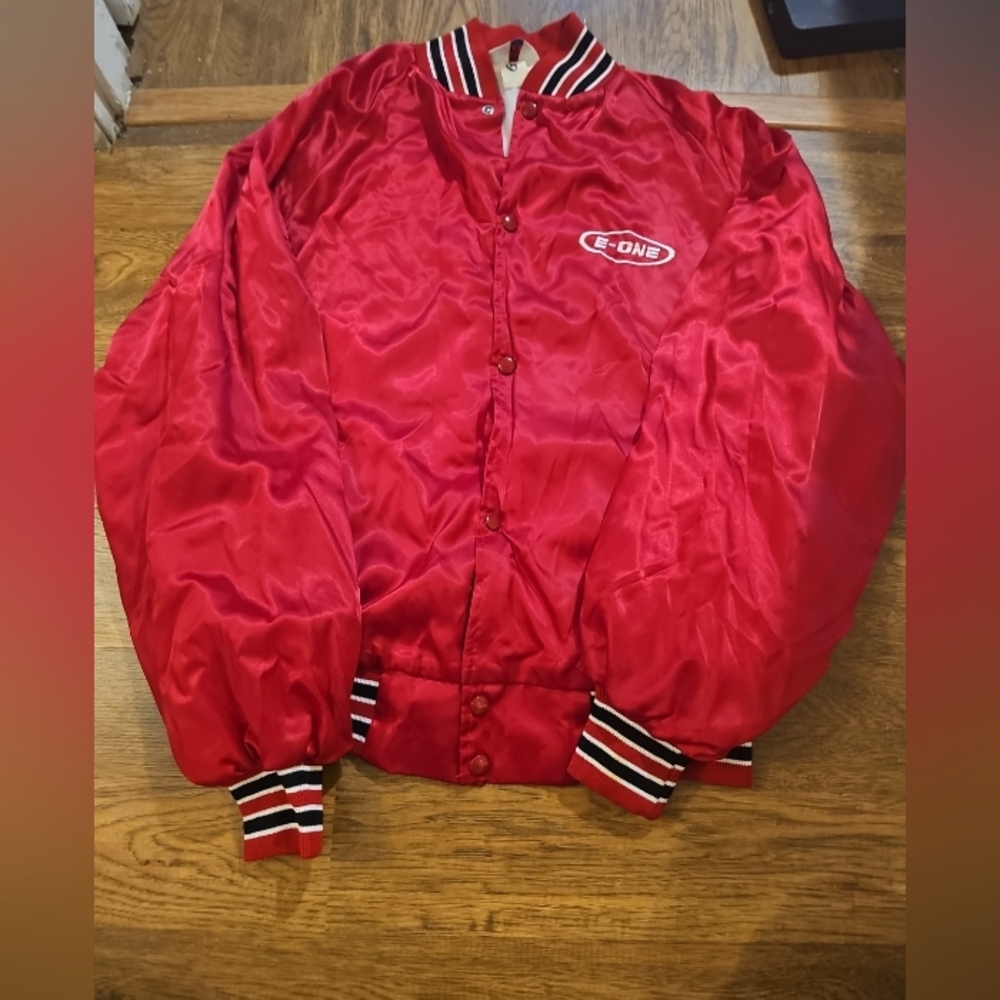 VTG Classic WestArk Adult Red Satin Jacket USA MADE E-One Logo Firefighter